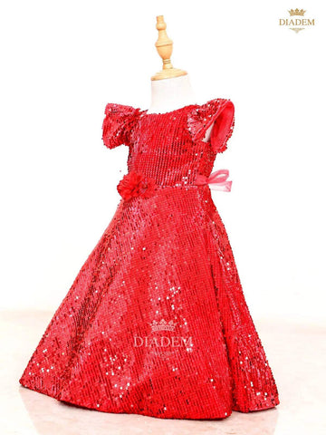 Scarlet Red Gown Embellished in Full Sequins with Flower Design - Diadem