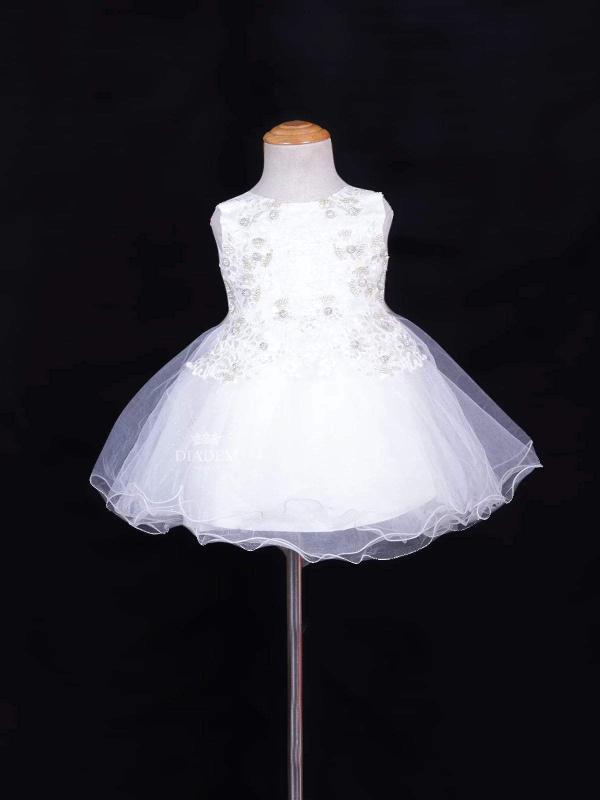 White Net Frock Adorned with Floral Laces and Pearl Beads - Diadem