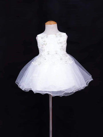 White Net Frock Adorned with Floral Laces and Pearl Beads - Diadem