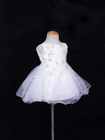 White Net Frock Adorned with Floral Laces and Pearl Beads - Diadem