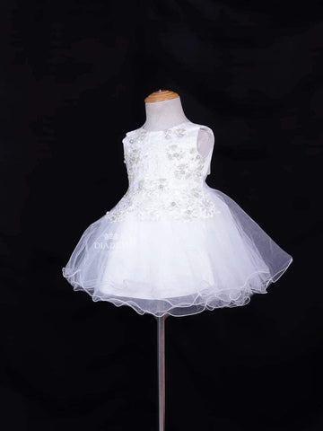 White Net Frock Adorned with Floral Laces and Pearl Beads - Diadem