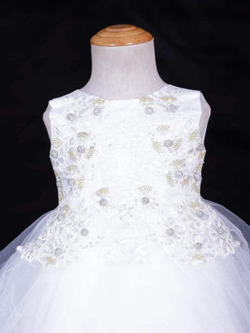 White Net Frock Adorned with Floral Laces and Pearl Beads - Diadem
