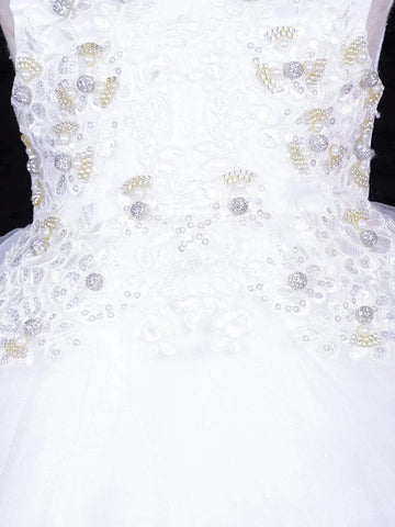 White Net Frock Adorned with Floral Laces and Pearl Beads - Diadem