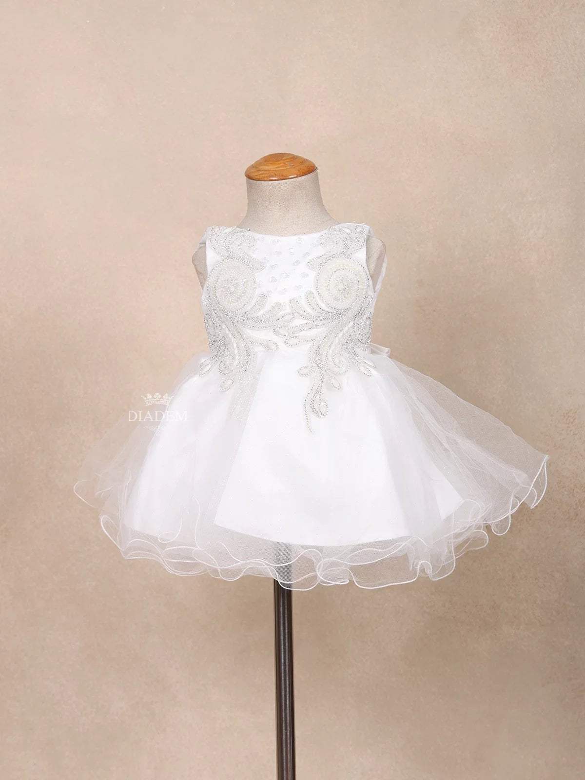 White Net Kids Frock Embellished with Floral Threadwork Embroidery and Stones - Diadem