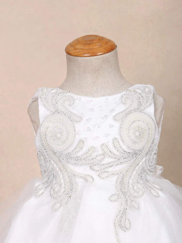 White Net Kids Frock Embellished with Floral Threadwork Embroidery and Stones - Diadem