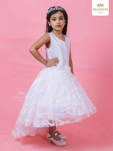 White Kids Frock Adorned in Floral Laces - Diadem