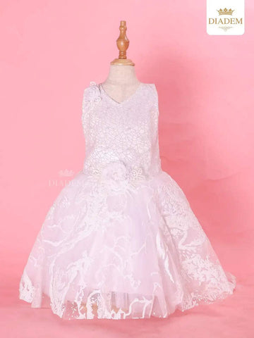 White Ball Gown Adorned in Flower Laces - Diadem