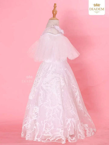 White Ball Gown Adorned in Flower Laces - Diadem