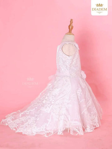 White Ball Gown Adorned in Flower Laces - Diadem