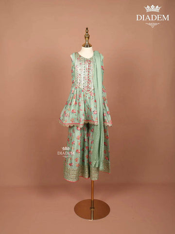 Pista Green Georgette Sharara Set Embellished with Floral Prints, paired with Dupatta - Diadem
