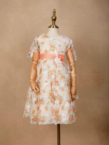 Light Orange Satin Gown Adorned with Floral Prints and 3D Flowers - Diadem