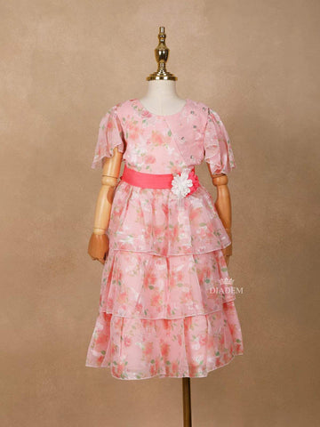 Light Pink Satin Gown Adorned with Floral Prints and 3D Flowers - Diadem