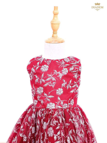 Maroon Ball Gown Adorned in Pasting Flower Design - Diadem