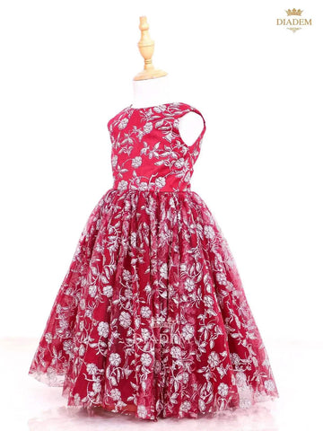 Maroon Ball Gown Adorned in Pasting Flower Design - Diadem