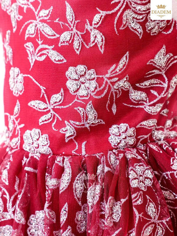 Maroon Ball Gown Adorned in Pasting Flower Design - Diadem