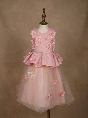 Light Pink Net and Satin Gown Adorned with 3D Flowers - Diadem