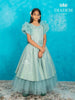 Sea Green Shimmer Net Ruffle Sleeve Gown with Bow Attached - Diadem