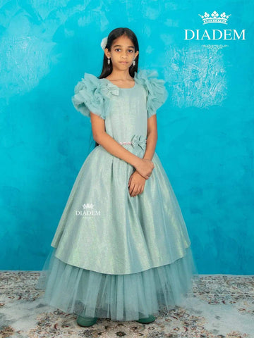 Sea Green Shimmer Net Ruffle Sleeve Gown with Bow Attached - Diadem
