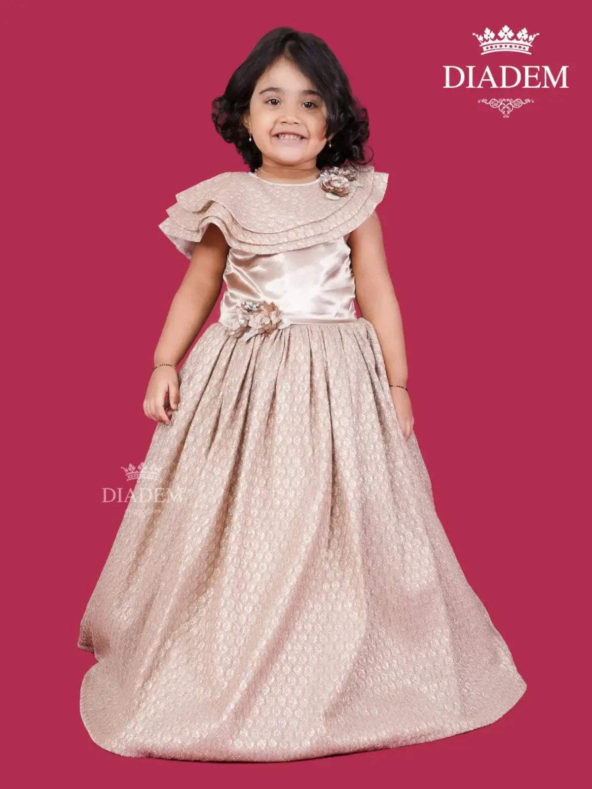 Medium Champagne Gown Adorned in all over Glitters with Floral Petals - Diadem