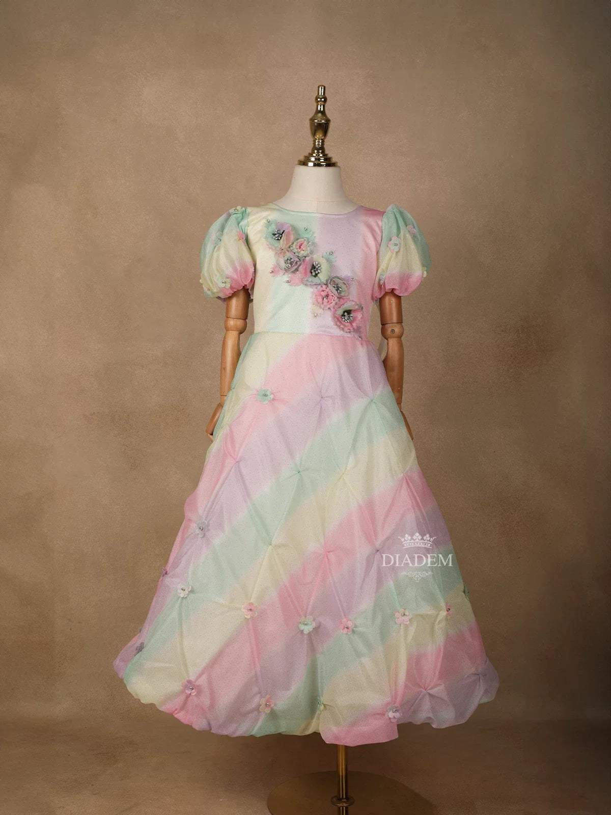 Multicolor Satin Gown with 3D Flowers and Puff Sleeves - Diadem