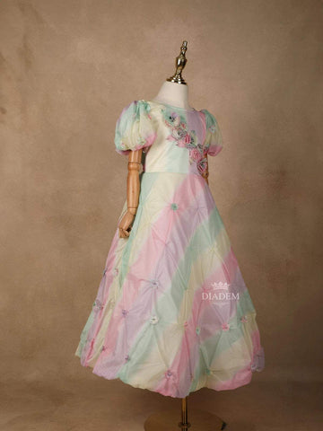 Multicolor Satin Gown with 3D Flowers and Puff Sleeves - Diadem