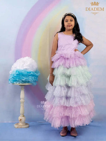 Multicolor Ruffled Gown Adorned in Shimmers - Diadem