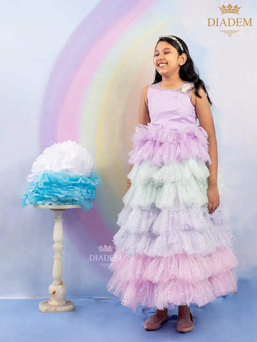 Multicolor Ruffled Gown Adorned in Shimmers - Diadem
