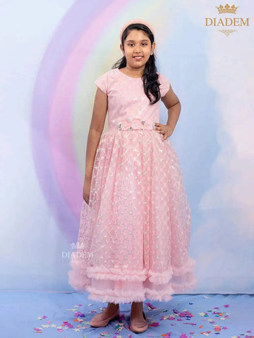 Blossom Pink Ruffled Gown Embellished in Sequins with Flower Buds - Diadem