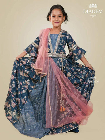 Ink Blue Lehenga Embellished in Floral Design Prints along with Embroideries and Dupatta - Diadem