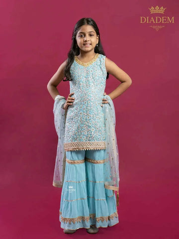 Blue Sharara Suit Embellished in Floral Sequins and Threads with Dupatta - Diadem