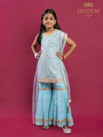 Blue Sharara Suit Embellished in Floral Sequins and Threads with Dupatta - Diadem