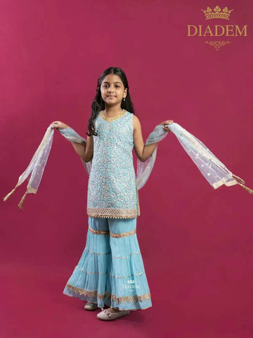 Blue Sharara Suit Embellished in Floral Sequins and Threads with Dupatta - Diadem