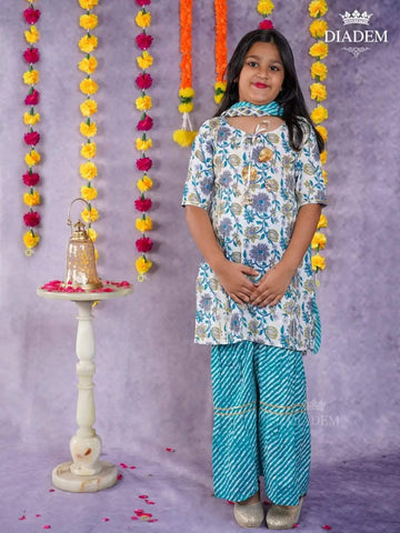 Off White and Blue Sharara Suit Adorned in Floral Prints with Dupatta - Diadem