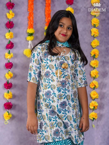 Off White and Blue Sharara Suit Adorned in Floral Prints with Dupatta - Diadem