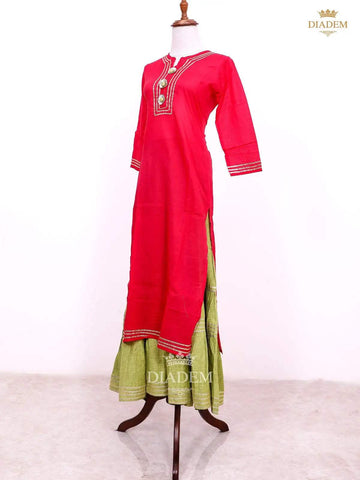 Red Pink with Pista Green Palazzo Salwar Suit Adorned with Thread work - Diadem