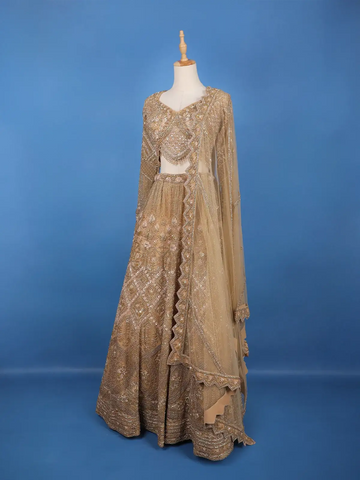 Gold Floral Embroidery Bridal Net Lehenga - Diadem