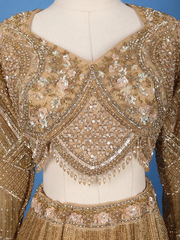 Gold Floral Embroidery Bridal Net Lehenga - Diadem
