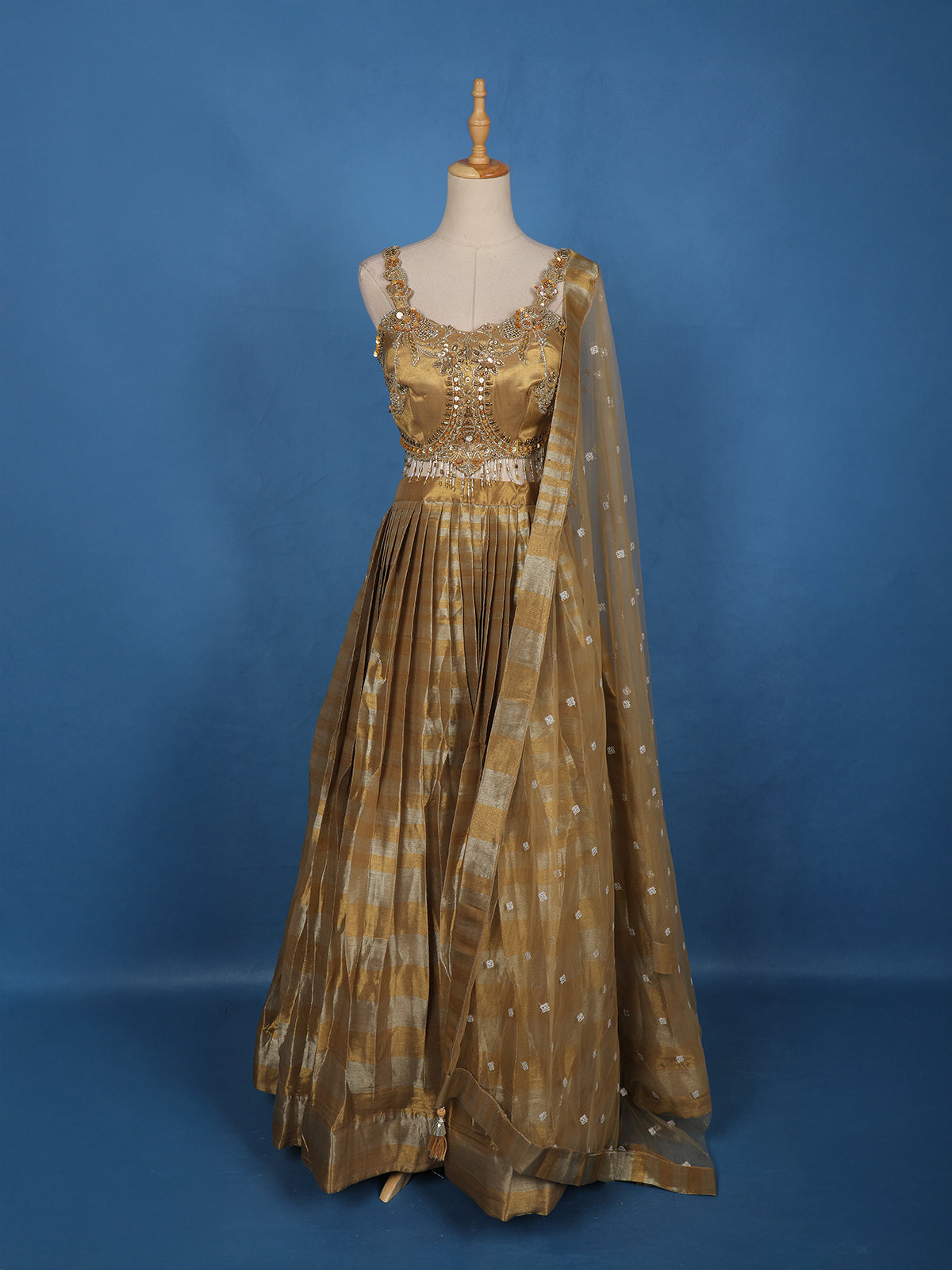 Gold Floral Sequins Embroidered Tissue Silk Lehenga With Dupatta