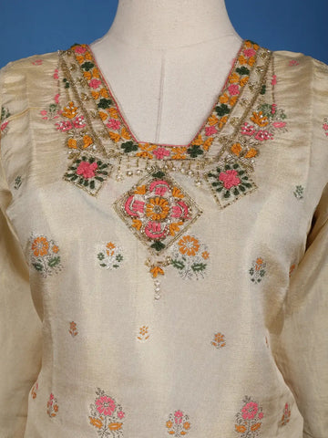 Gold Floral Designed Tissue Silk Salwar Suit - Diadem