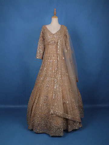 Gold Floral Embroidery Net Bridal Gown - Diadem