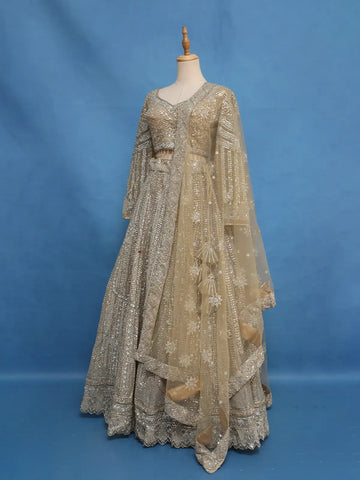 Golden Beige Floral Design Heavy Embroidered Net Lehenga - Diadem