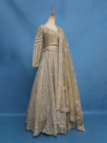 Golden Beige Floral Design Heavy Embroidered Net Lehenga - Diadem