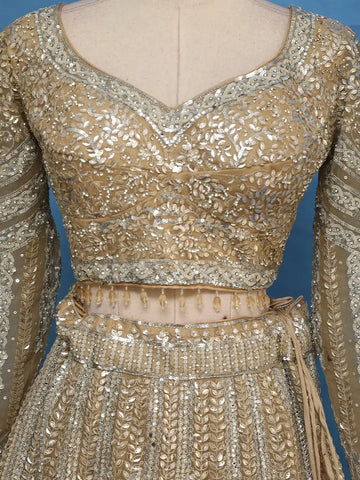 Golden Beige Floral Design Heavy Embroidered Net Lehenga - Diadem