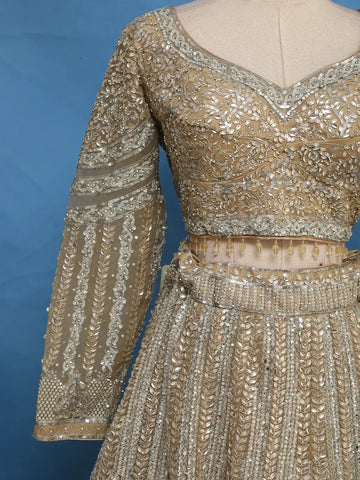 Golden Beige Floral Design Heavy Embroidered Net Lehenga - Diadem