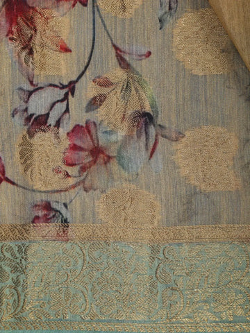 Golden Beige Floral Design Tussar Silk Saree - Diadem