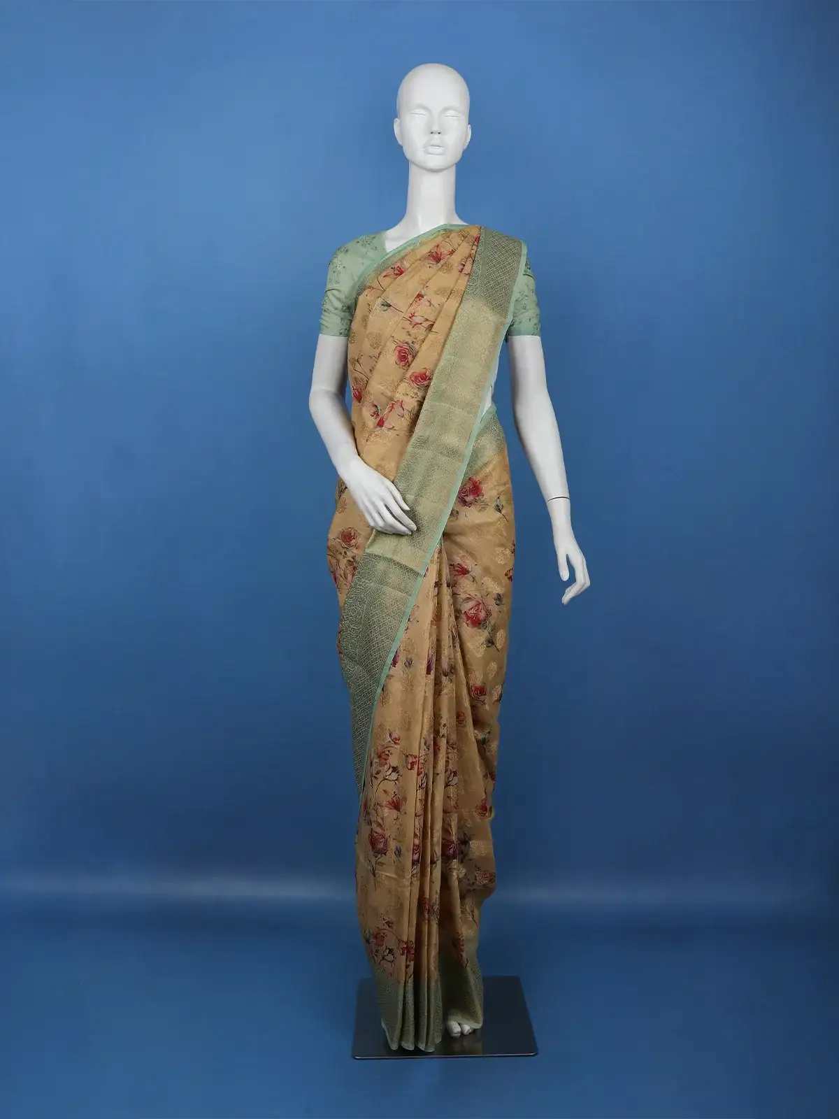 Golden Beige Floral Design Tussar Silk Saree - Diadem