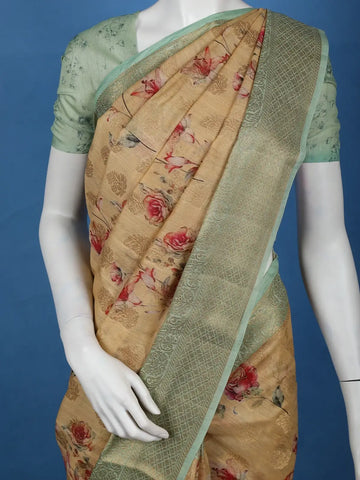 Golden Beige Floral Design Tussar Silk Saree - Diadem
