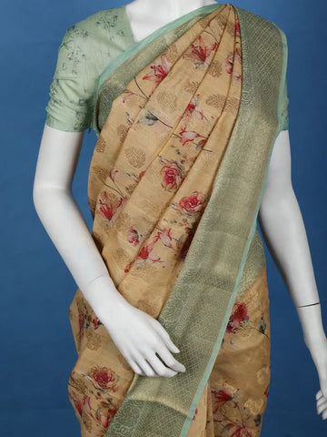 Golden Beige Floral Design Tussar Silk Saree - Diadem