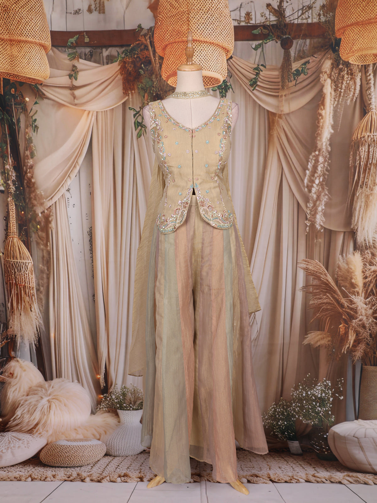 Golden Beige Floral Embroidered Organza Palazzo Suit with Dupatta