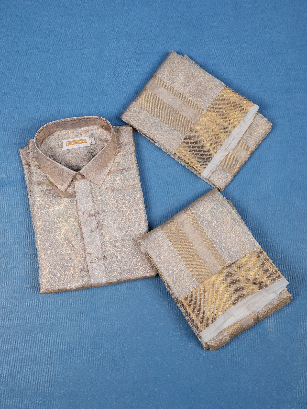 Golden Beige Woven Design Semi Silk Full-Sleeve Shirt With Matching Dhoti Set